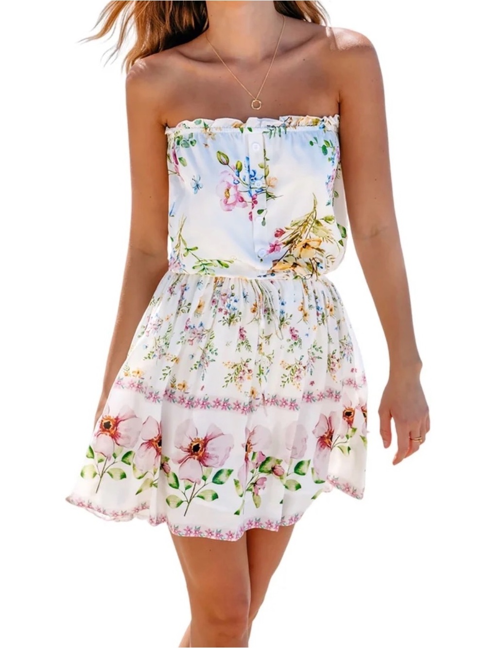 NWT Cupshe Floral Print Tie Waist Mini Strapple Dress size Medium Cover Up Beach